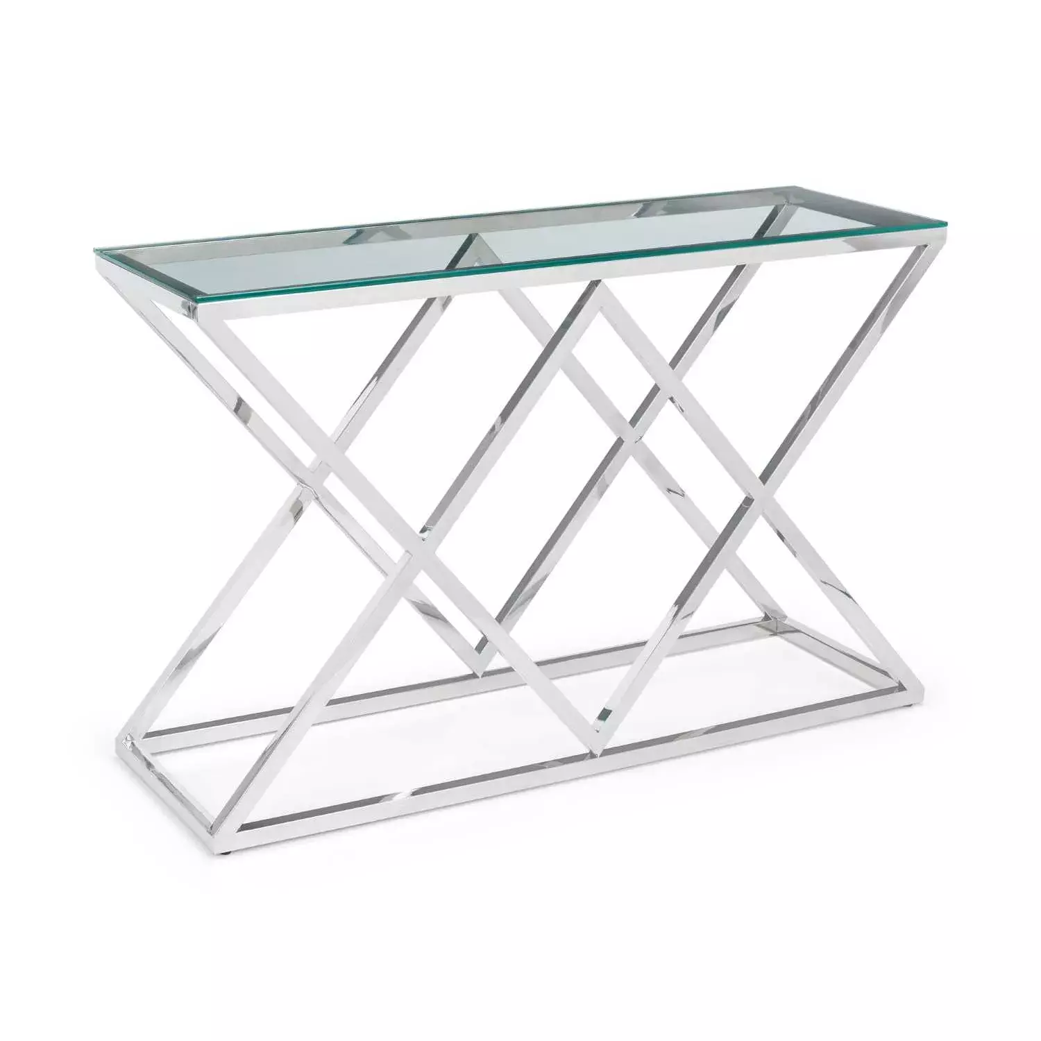 BIA001-Chrome-Metal-Cross-X-Framed-Modern-Console-Hallway-Table-with-Glass-Top